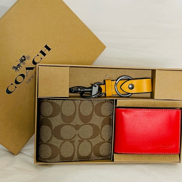 NWT Coach Men’s 3 in-1 Khaki Red Wallet boxed Gift set - Picture 5 of 11